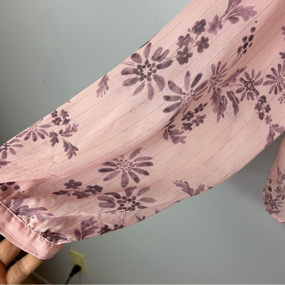 Torrid Crinkle Chiffon Pink Peasant Lurex Sheered Long Sleeve Blouse Size 1 - Picture 7 of 11